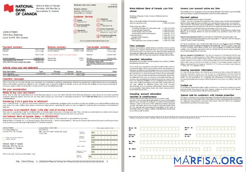 Blank Canada National Bank of Canada bank mortgage statement, 2 pages, 1 2 scr real example